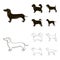 Pikinise, dachshund, pug, peggy. Dog breeds set collection icons in black,outline style vector symbol stock illustration