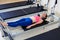 Pilates reformer woman foot work exercise