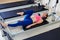 Pilates reformer woman foot work exercise