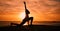 Pilates, yoga and silhouette of woman on beach at sunrise for exercise, training and fitness workout. Motivation