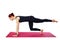 Pilates or yoga. This slender beautiful woman performs a Pilates exercise on a gym mat. Isolated on a white background