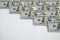 Pile of 100 US dollars bills background. One hundred. USA note. Top view. Flat lay. Copy space place for text