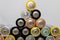 Pile of alkaline batteries. Closeup of used AA batteries ready for recycling, colorful batteries pyramid - Image