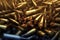 A pile of ammunition for weapons. Cartridges for machine guns and carbines. Background from new shiny cartridges. Neural