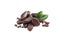Pile of aromatic cocoa beans with leaves isolated