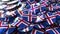 Pile of badges featuring flags of Iceland. 3D rendering