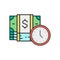 Pile of banknotes with clock, easy instant credit, loan payment, fast money color lineal icon. Cash payment, paper bill