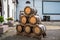 A pile of barrels standing on the yard of brewery in Zwierzyniec, Poland