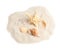 Pile of beach sand with  starfish and sea shells on white background, top view