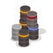 Pile of black and grey cylindrical containers or drums, barrels with bulk or liquid materials
