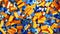 A pile of blue and yellow lego bricks. 3d rendering
