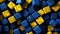 Pile of blue and yellow stone cubes. Colorful stone blocks, vibrant art background. Created with generative Ai