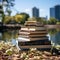 Pile of books looking for literature in the background of a city park