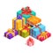 Pile of bright, colorful present and gift boxes
