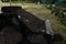 A pile of broken black asphalt lies in the garden near the house on mowed grass