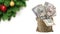 Pile cash us dollars money in bag on Christmas isolated background