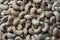 Pile cashew nuts without shell, closeup, top view. Whole nut kernels