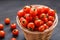 Pile of cherry tomatoes in a rattan basket