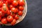 Pile of cherry tomatoes in a rattan basket