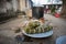 Pile of Chung cakes, Cooked square glutinous rice cake, Vietnamese new year food. Cooking pot on background.