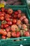 Pile of coeur du boef tomatoes in a green basket