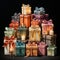 a pile of colorful Christmas presents in gift boxes, and candles isolated on a black background, generative ai