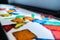 Pile of colorful kid blocks on a table.