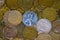 Pile of copper coins macro shot