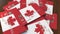 Pile of credit cards with flag of Canada. Canadian banking system conceptual 3D animation