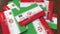 Pile of credit cards with flag of Iran. Iranian banking system conceptual 3D animation