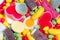 Pile of delicious colourful chewing candies background. Colourful sweets