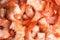 Pile of delicious peeled shrimps as background