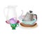 Pile of Dirty Dishes and Utensils with Tea Kettle and Glass Jug Vector Illustration.
