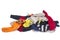 Pile of dirty multicolored socks isolated on a white