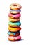 Pile of donuts balancing on top of each other, watercolor style on white background, generative AI