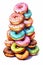 Pile of donuts balancing on top of each other, watercolor style on white background, generative AI