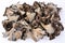 Pile of dried Horn of Plenty mushrooms over white