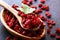 Pile of dry barberries in a wooden bowl on rustic table