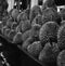 Pile of durian fruits on a market stall at night in Singapore shot in black and white analogue film photography