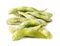 Pile of Edamame soybeans in pod closeup on white