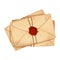 Pile of envelope, letters with wax seal and rope vintage craft paper in cartoon style isolated on white background