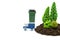 Pile of fertilized soil with toy trees and a garbage truck with a small trash container with isolated on white.