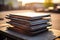 a pile of finished steel plates with a blurred background