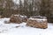 Pile of firewood. snowy firewoods in winter forest  in Czech Republic. Ecological heating. Wood warehouse