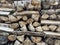 A pile of firewood is stacked. Cut down trees lie in one heap. Material for fire and heating. Birch and oak firewood, lumber