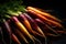 A pile of fresh carrots with green leaves on a dark background. Harvest still life. Close up.