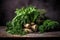 pile of fresh mixed herbs on a dark, textured surface