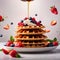 Pile of fresh waffles, sweet breakfast food with syrup and fruits