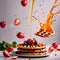 Pile of fresh waffles, sweet breakfast food with syrup and fruits