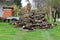 Pile of freshly cut firewood prepared for stacking and drying in family house backyard surrounded with uncut grass and trees in